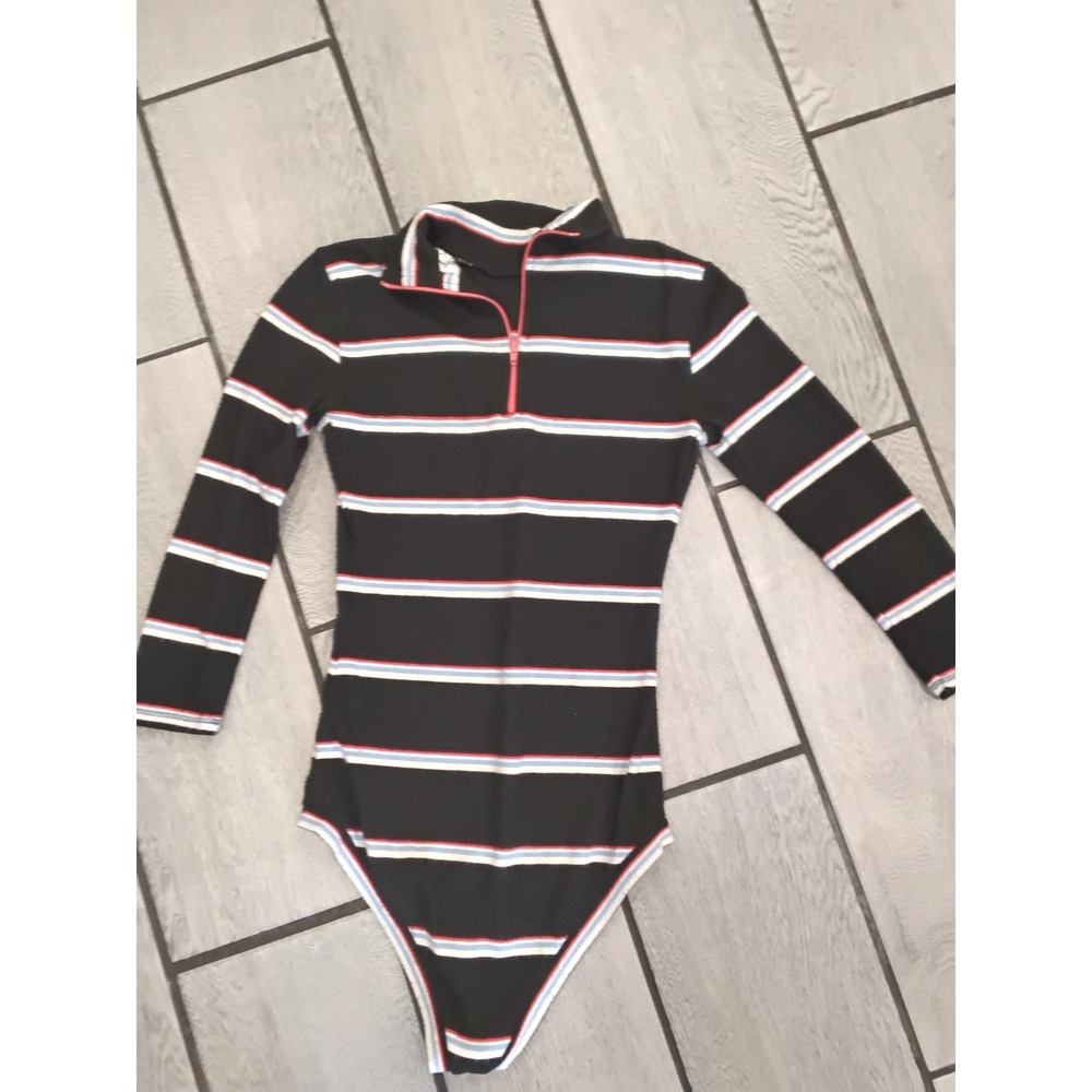 Intimately Free People Black Striped Quarter Zip Mock Neck Bodysuit XS